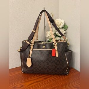 Coach Brown Signature Canvas Tote with Beige Trim and Red Tag